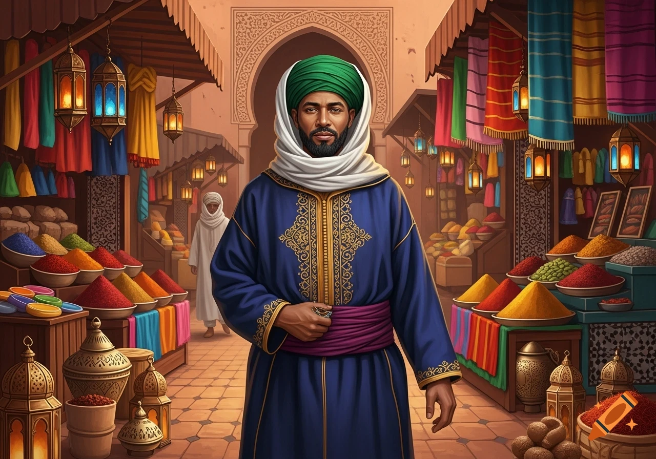 A man in a blue kaftan and green turban stands in a vibrant Moroccan market surrounded by piles of colorful spices and hanging textiles.