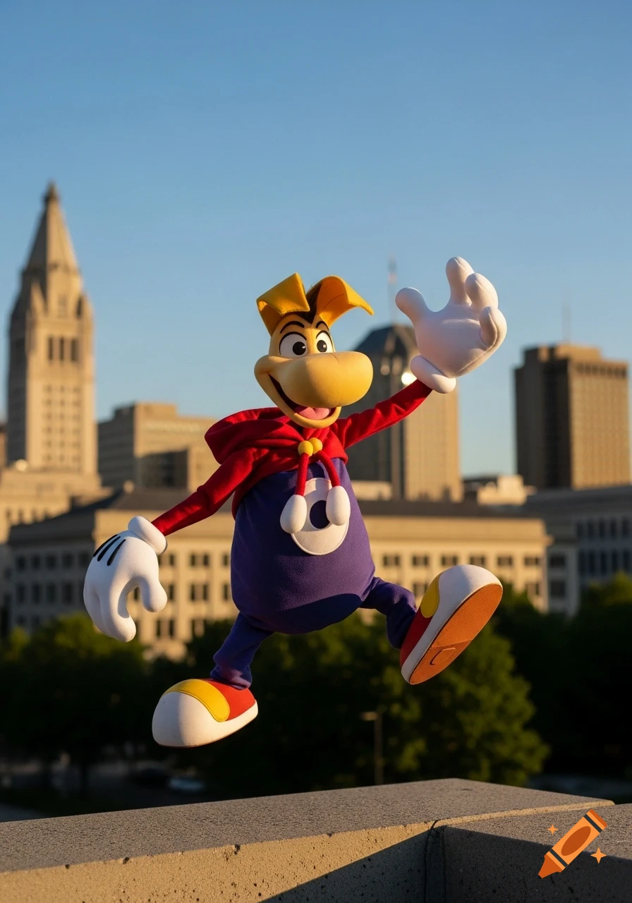 Photorealistic Rayman character jumping over a stone wall with a city skyline under a clear sky.
