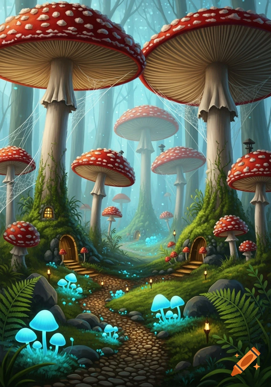 A vibrant fantasy mushroom forest with tiny houses, red and white speckled toadstools, glowing blue fungi, and a winding path.