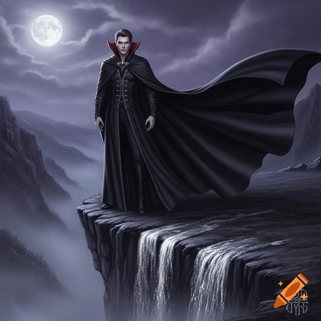 A male vampire in a long black coat and flowing cape stands on a cliff edge with a waterfall under a full moon, amidst misty mountains. Digital painting.