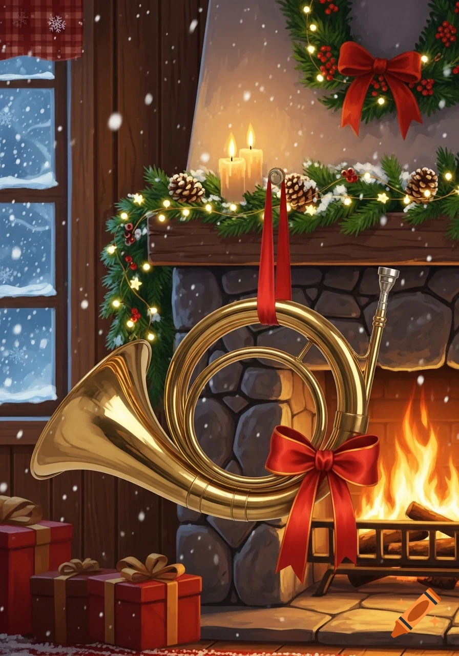 A cozy, festive illustration of a gold hunting horn hanging over a stone fireplace adorned with garland, candles, and a wreath. Presents sit nearby, and snow falls outside a window.