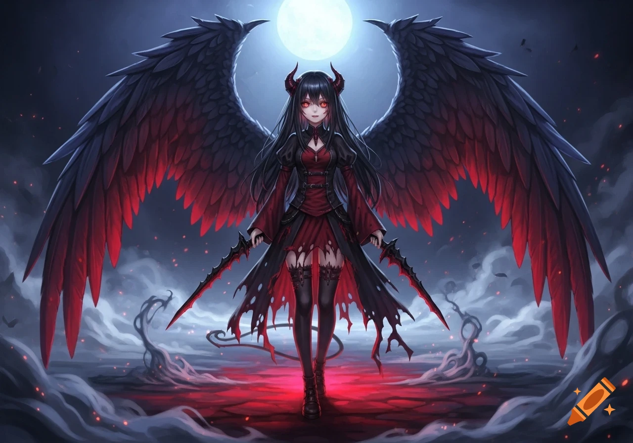An anime demon girl with large black and red wings, horns, and glowing red eyes, holding two swords on a red glowing ground under a full moon.
