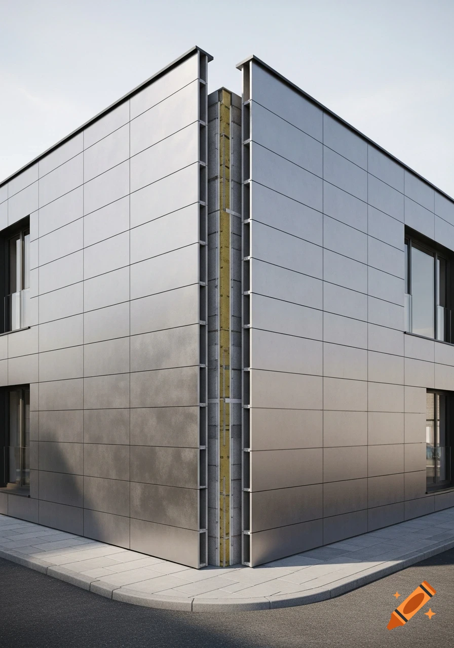 Photorealistic render of a modern building corner showing a silver ...