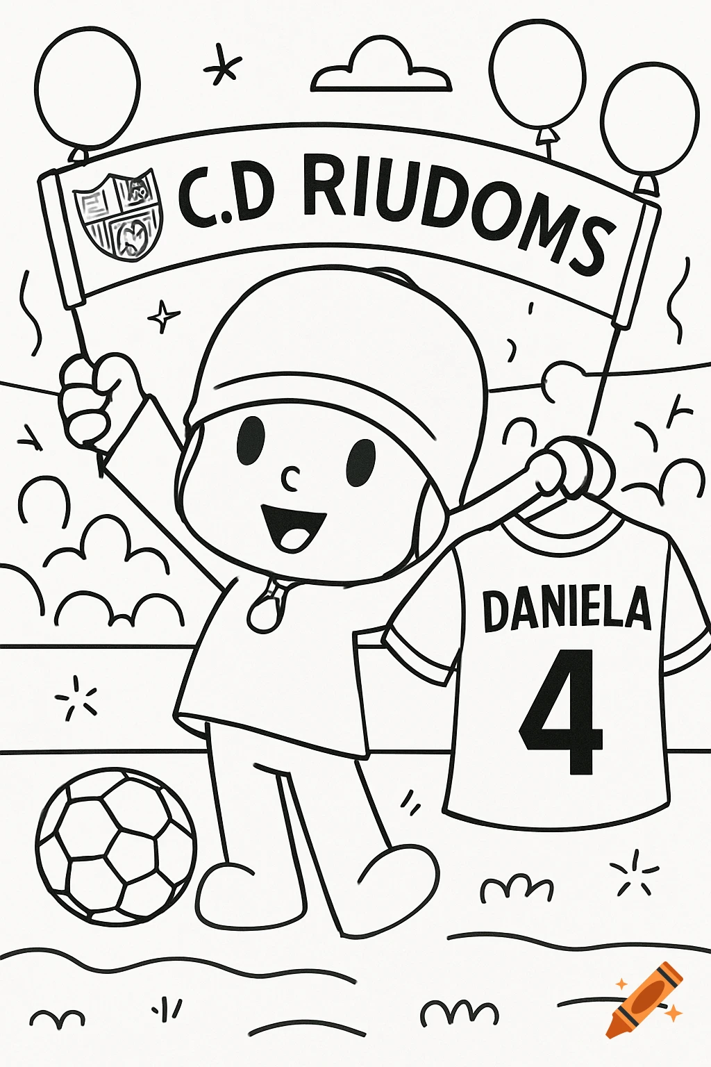 A black and white coloring page showing Pocoyo holding a 'C.D RIUDOMS' banner and a jersey with 'DANIELA 4', with a soccer ball nearby.