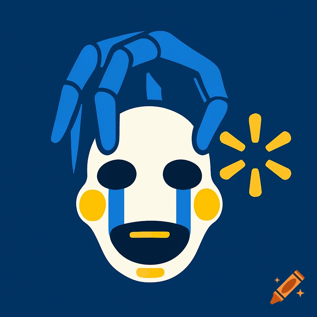 Stylized logo featuring a blue robotic hand holding the white mask of FNAF's Marionette puppet, with a yellow Walmart spark logo nearby, all on a dark blue background.