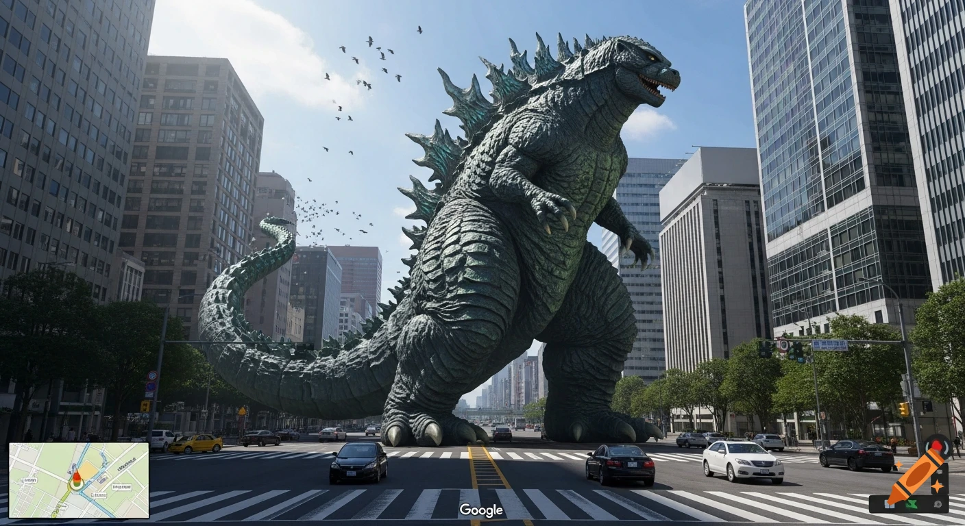 Photorealistic Godzilla standing on a city street, viewed through a Google Street View interface with a map overlay.