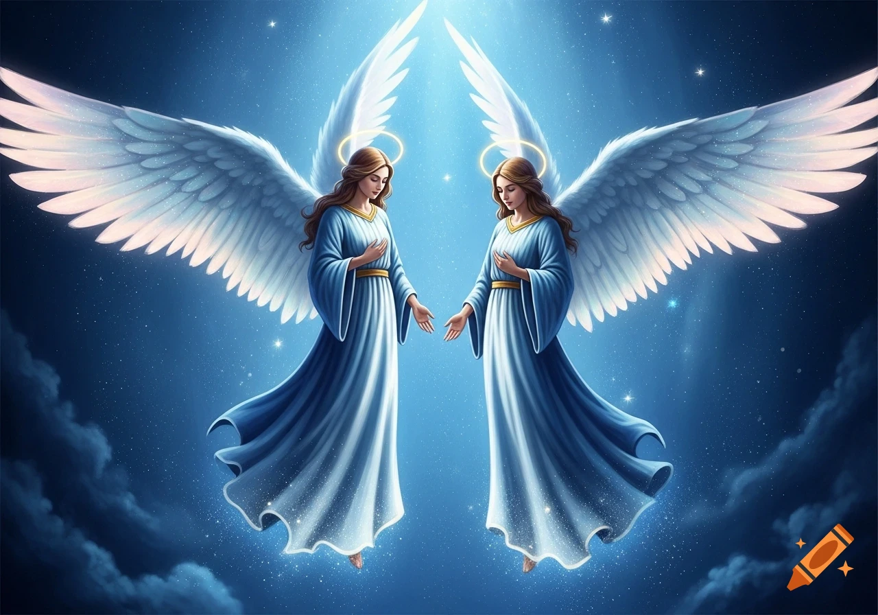 Two angels with large white wings and halos float in a starry blue sky with clouds, with light emanating from above.