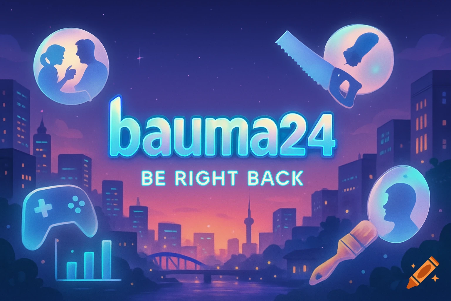A colorful 'bauma24 BE RIGHT BACK' Twitch screen with a glowing cityscape and icons representing chatting, DIY, and gaming.