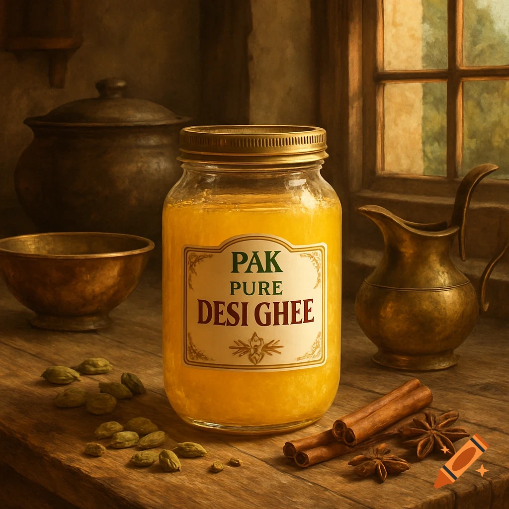 A jar of Pak Pure Desi Ghee on a wooden table with cardamom, cinnamon sticks, and star anise in a warm-toned, photorealistic still life.