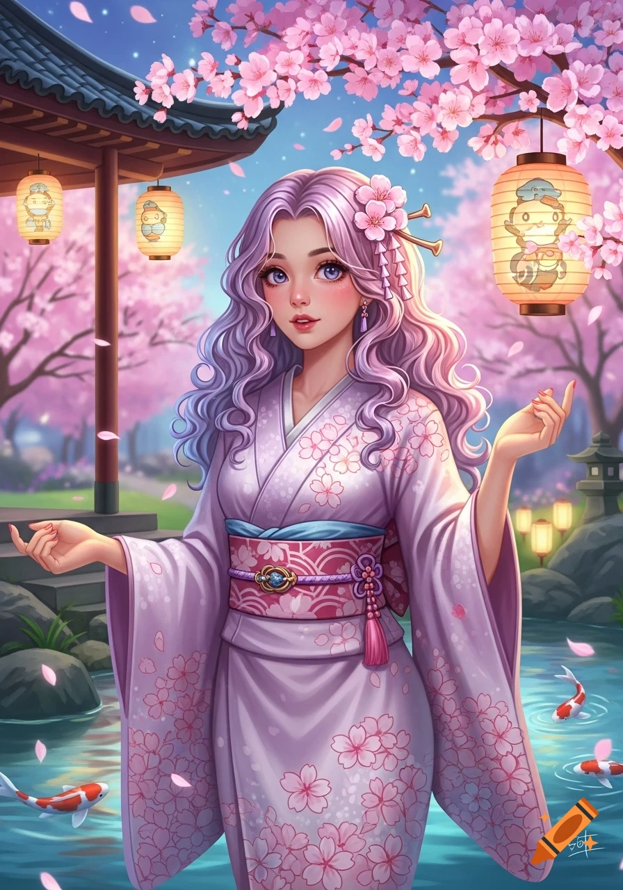 A beautiful anime woman with purple hair in a pink kimono stands in a cherry blossom garden with koi pond and lanterns.