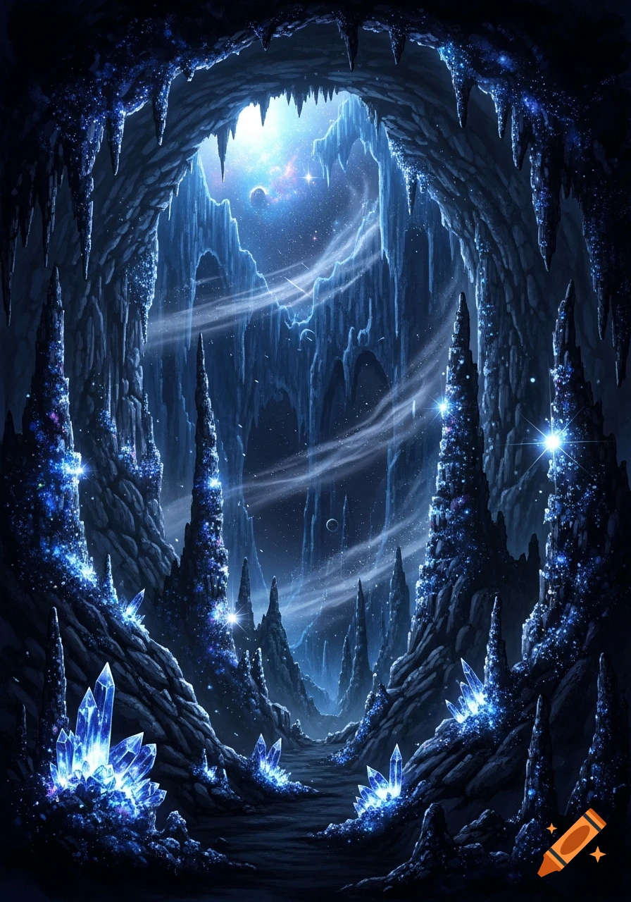 Dark fantasy cave with glowing blue crystals opening to a cosmic starry sky with planets.
