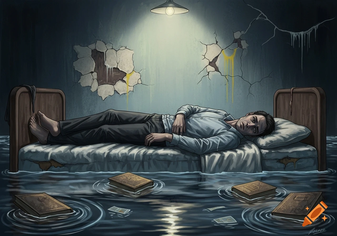 An illustration of a depressed man lying on a bed in a flooded room with books floating in the water, cracked walls, under a single lamp.