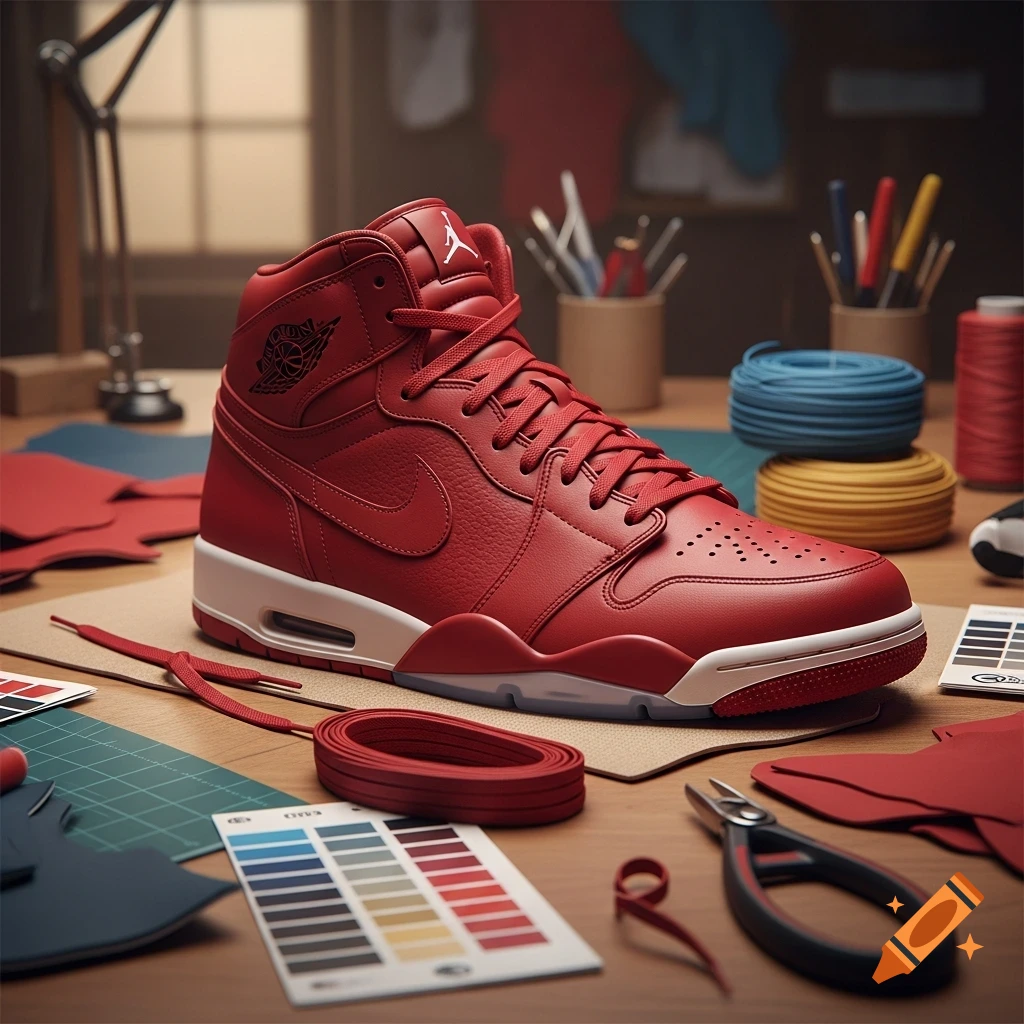 A red leather Jordan high-top sneaker sits on a wooden workbench surrounded by shoemaking materials like laces, fabric swatches, spools of thread, and tools. The shoe has white accents on the sole and a Nike swoosh on the side.