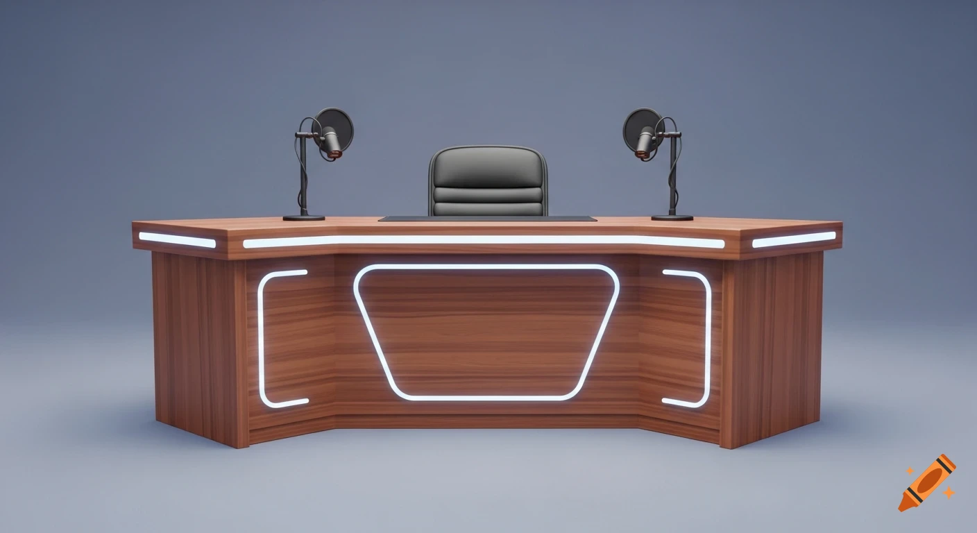 An animated, modern wood podcast desk with white LED accents, two microphones, and a black office chair against a plain background.