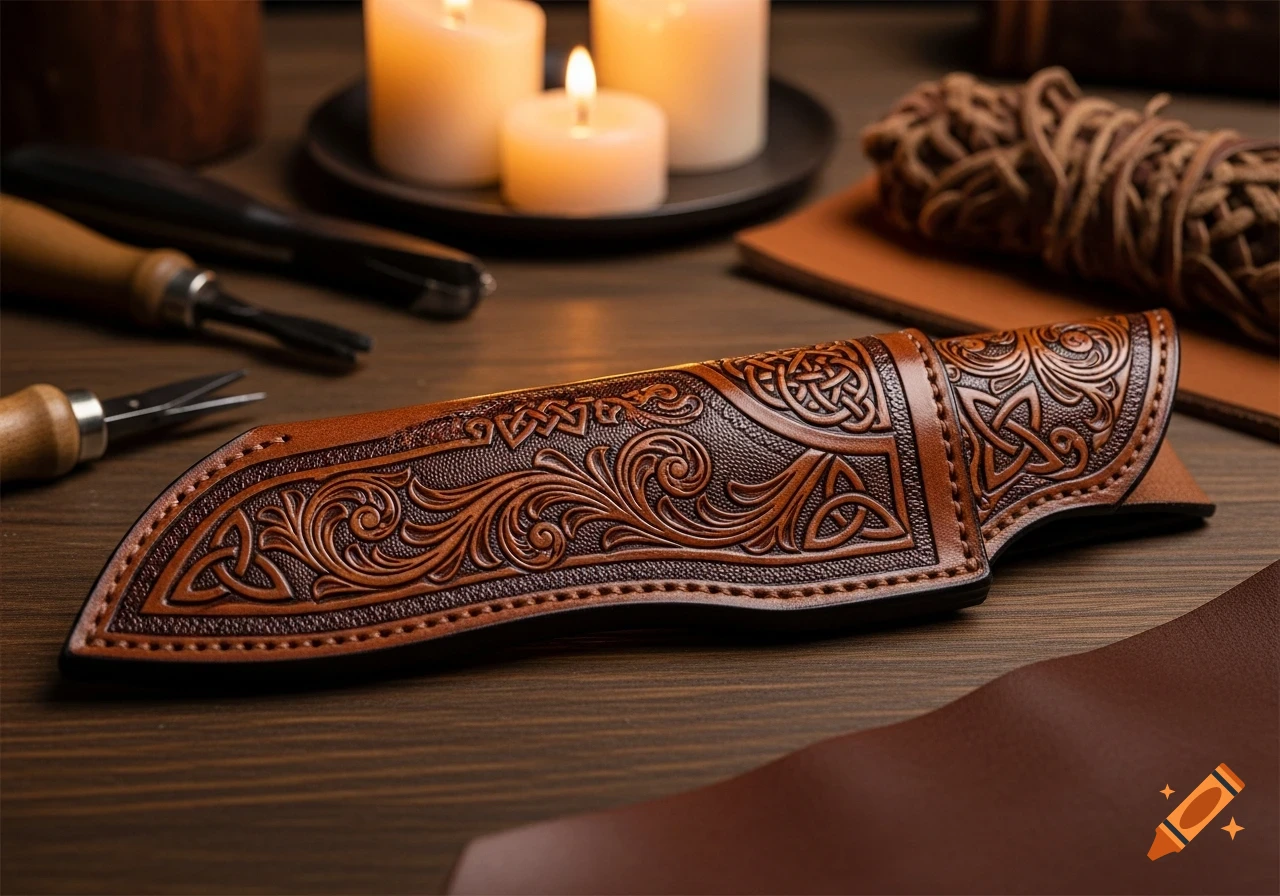 Close-up of a richly detailed brown leather knife sheath with Celtic knot and floral patterns on a wooden table, surrounded by leatherworking tools and lit candles.
