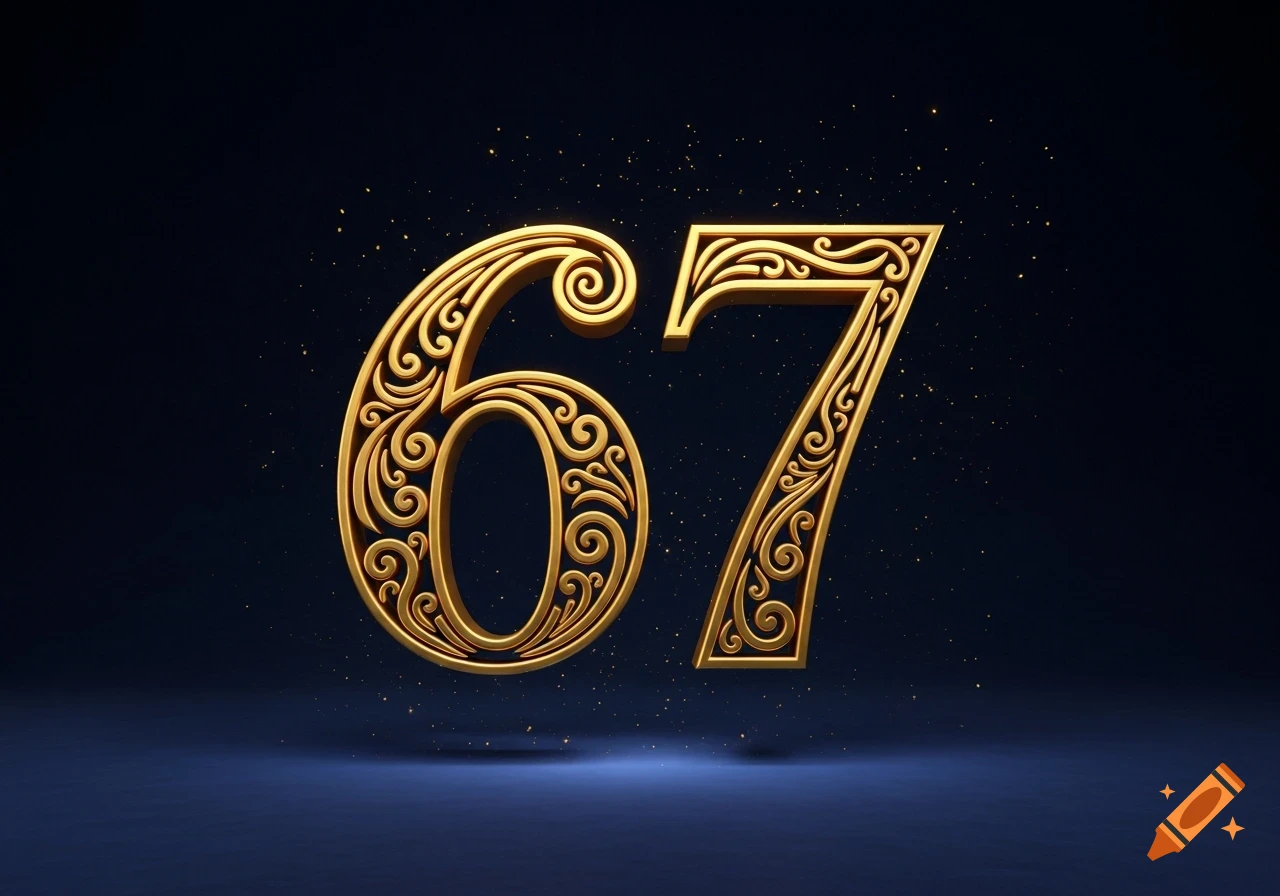 Ornate golden number 67 with intricate scrollwork, sparkling on a dark blue-black background.