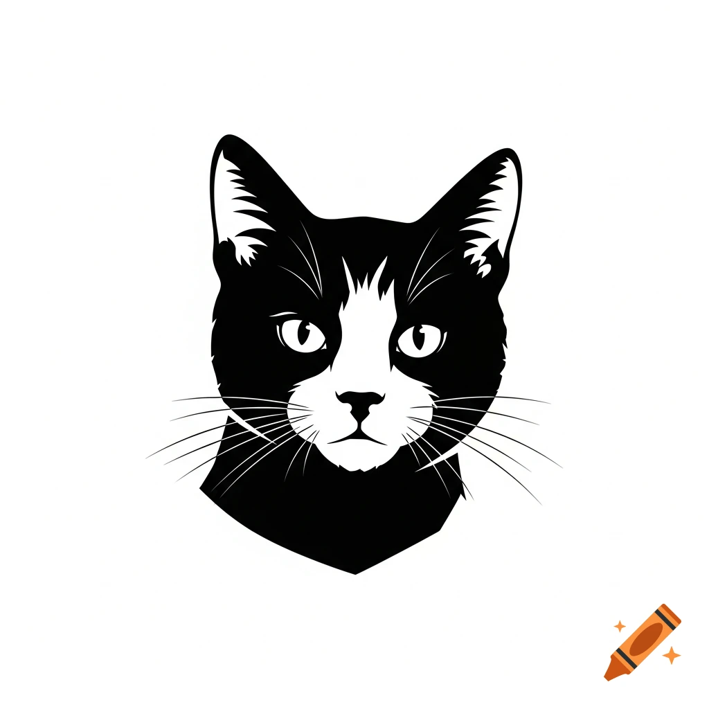 High-contrast black and white vector illustration of a cat's face with white markings, minimalist style.