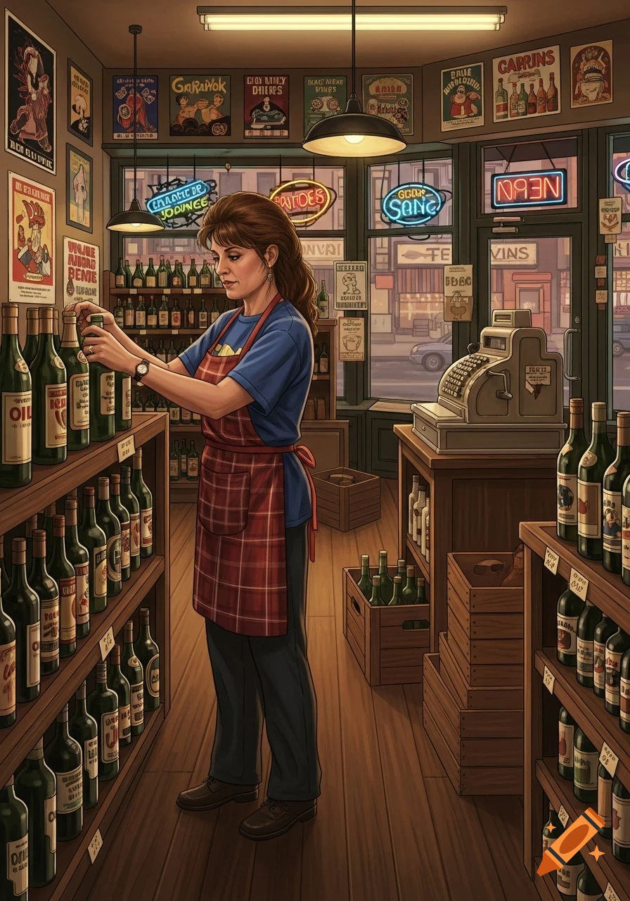 A mid-aged woman in a blue shirt and plaid apron stocking bottles on shelves in a vintage-style liquor store, with neon signs and posters in the background.