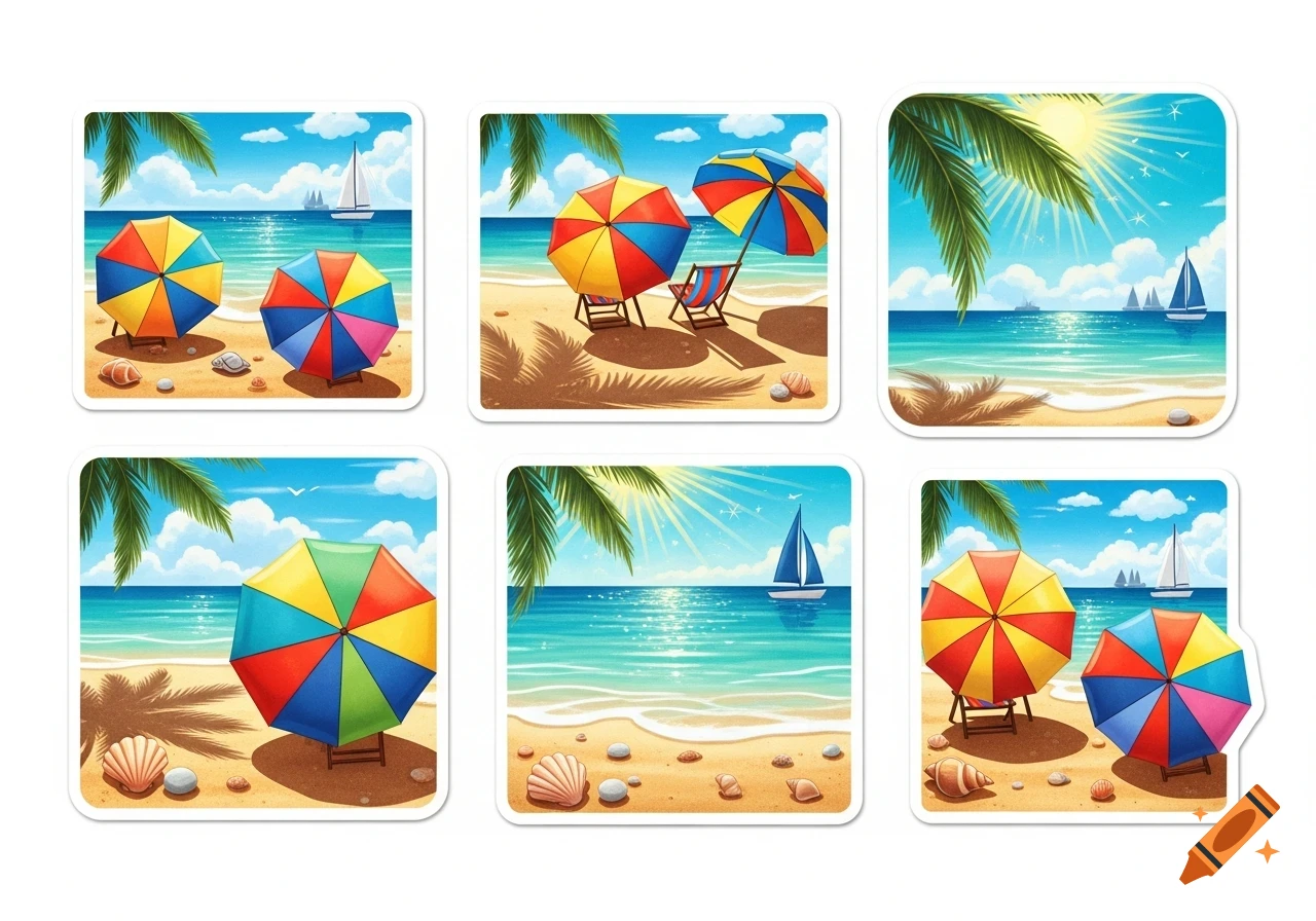 Six cartoon beach stickers featuring colorful umbrellas, sand, ocean, palm trees, and sailboats under a sunny sky.