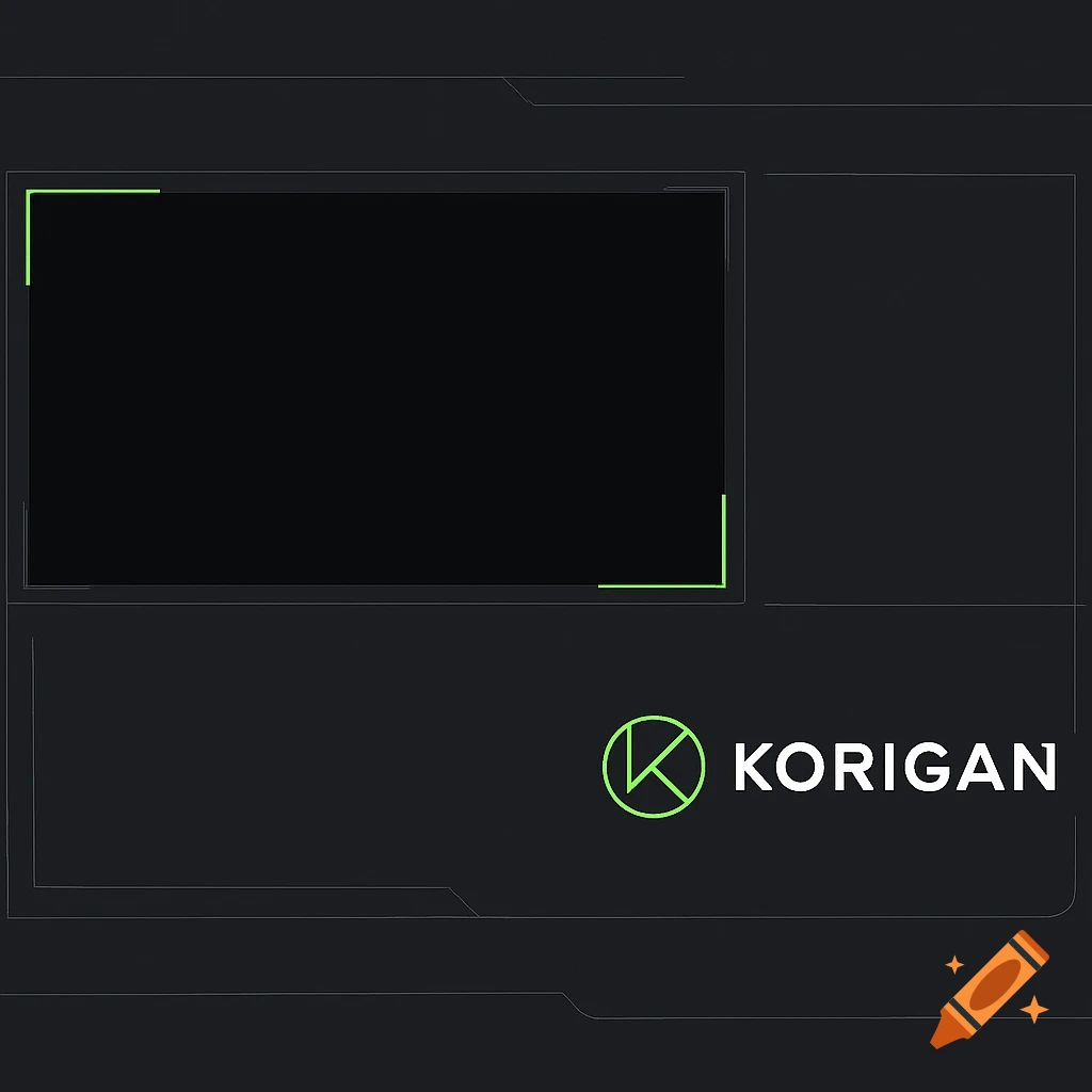 A modern dark grey and black Twitch overlay with a green outlined webcam frame and a Korigan logo in green and white.