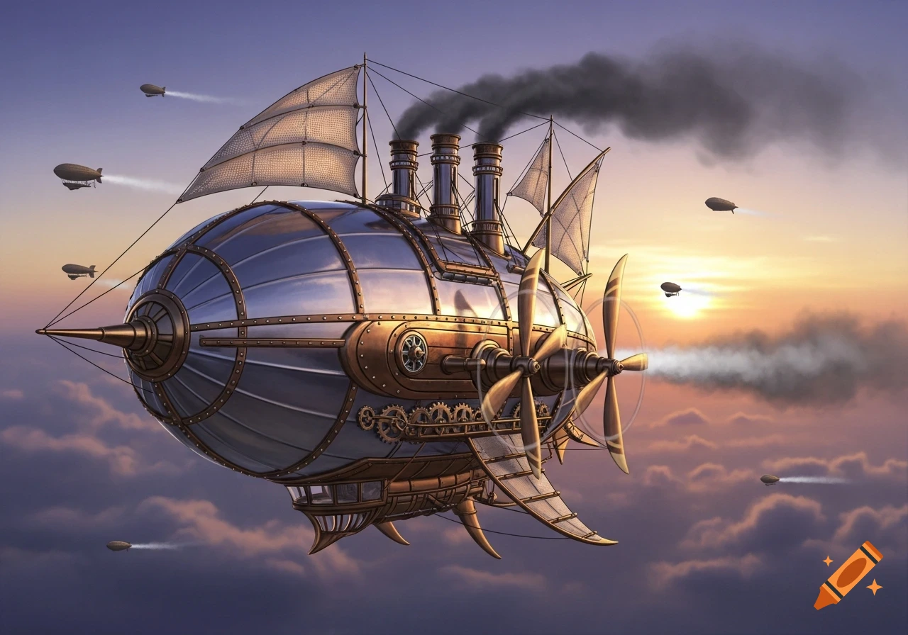 A detailed steampunk airship with sails, multiple propellers, and smoke plumes, flies above clouds at sunset alongside smaller blimps.