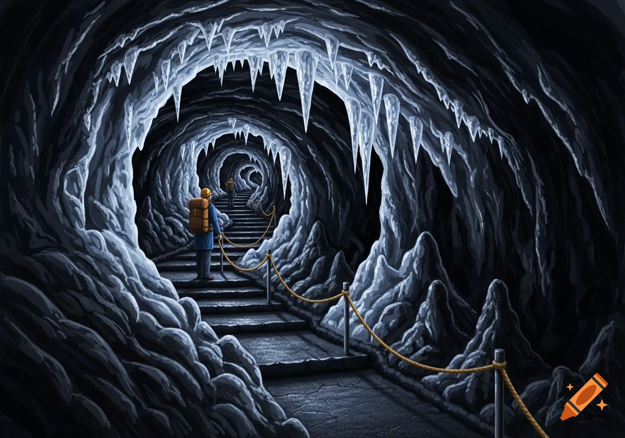 Two hikers descend a roped path into a dark, winding ice cave with sharp stalactites, in a digital art style.