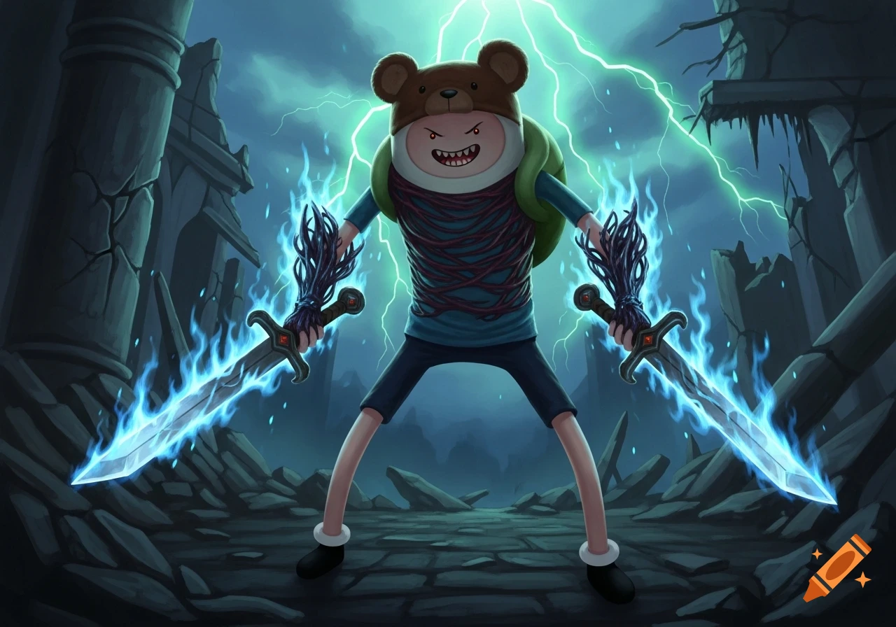 Mutated Finn from Adventure Time with a bear hat, angry red eyes, and his chest wrapped in cords, wielding two glowing blue flame swords in a stormy ruined landscape.