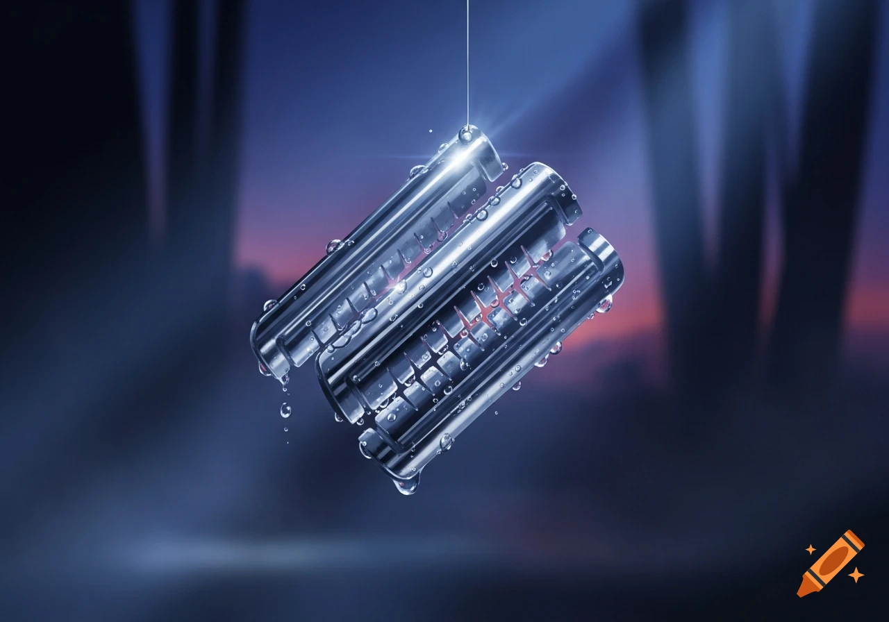 Three wet, metallic, cylindrical objects with intricate patterns, suspended against a blurry blue and purple background.