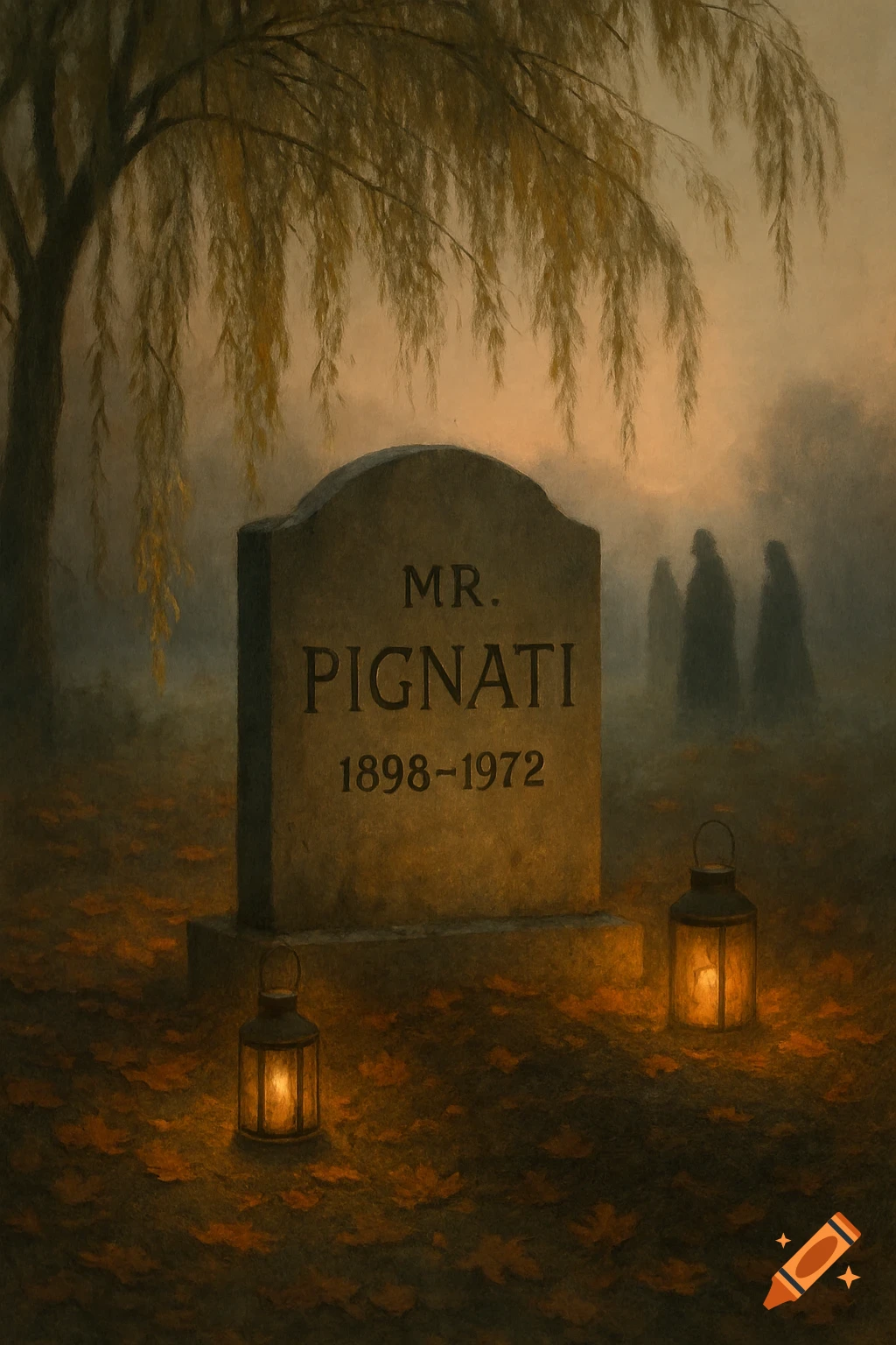 A dark, painterly image of a tombstone for Mr. Pignati in a foggy cemetery with a weeping willow, lanterns, and shadowy figures.