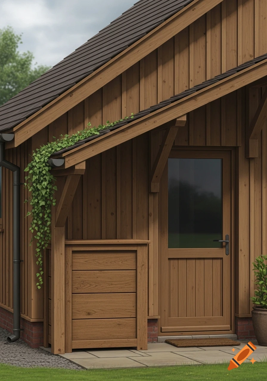Close-up of a wooden house exterior with a brown door, dark roof, and green ivy cascading from the eave.