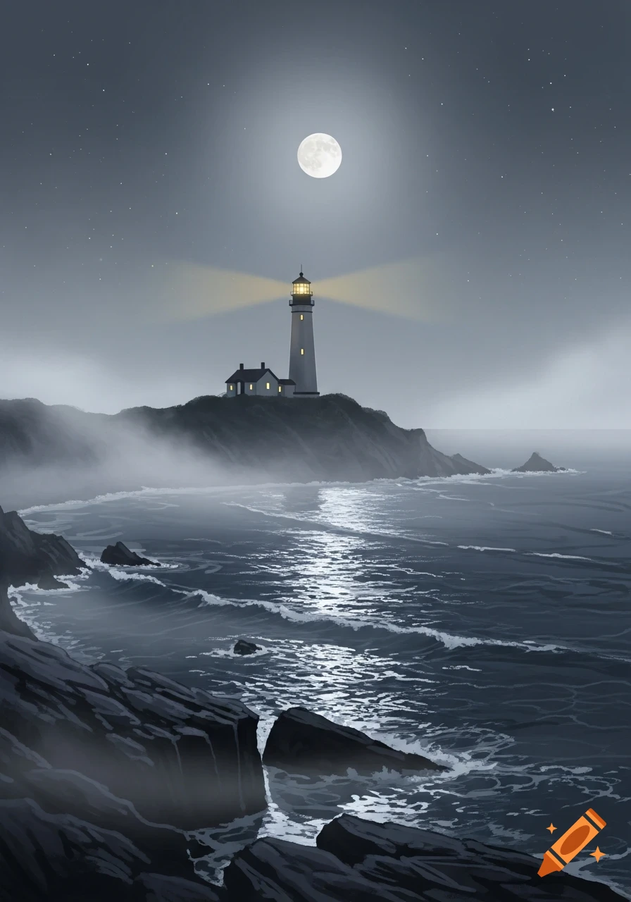 A serene night seascape features a white lighthouse on a cliff, shining beams over dark, choppy waters reflecting a full moon and stars.