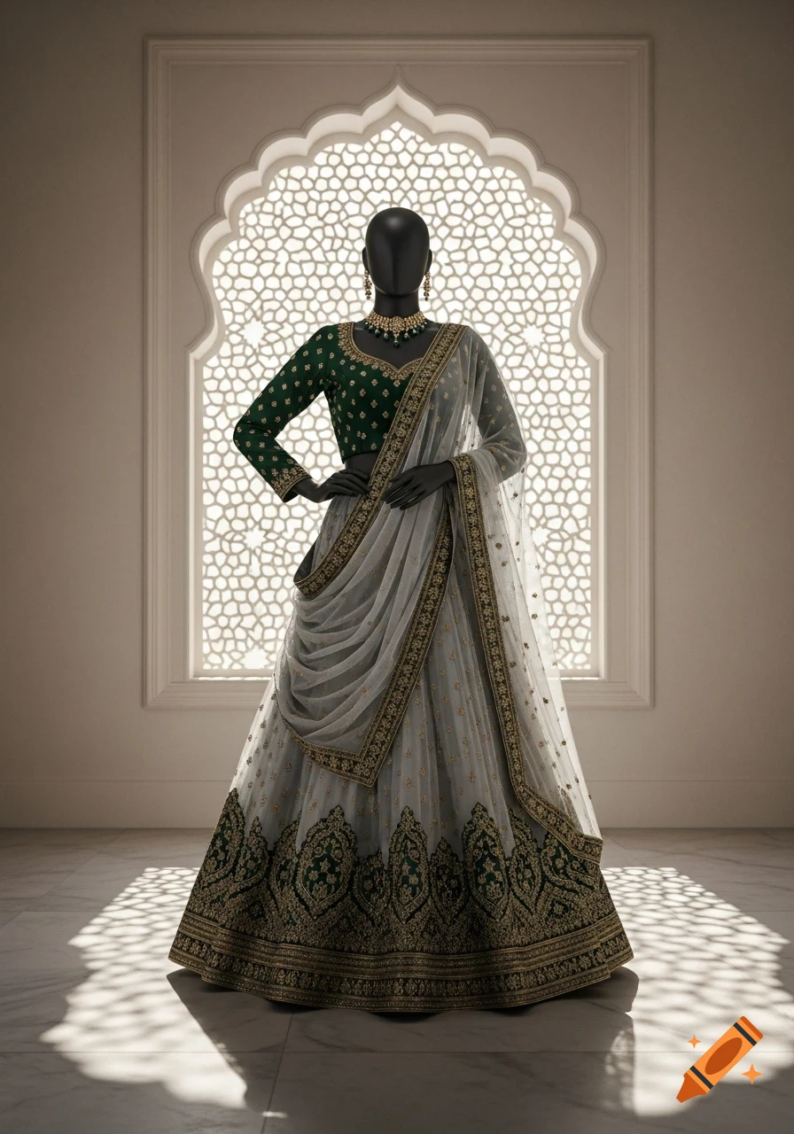 A mannequin stands in front of a patterned window, wearing a detailed grayish-white and emerald lehenga with gold accents.