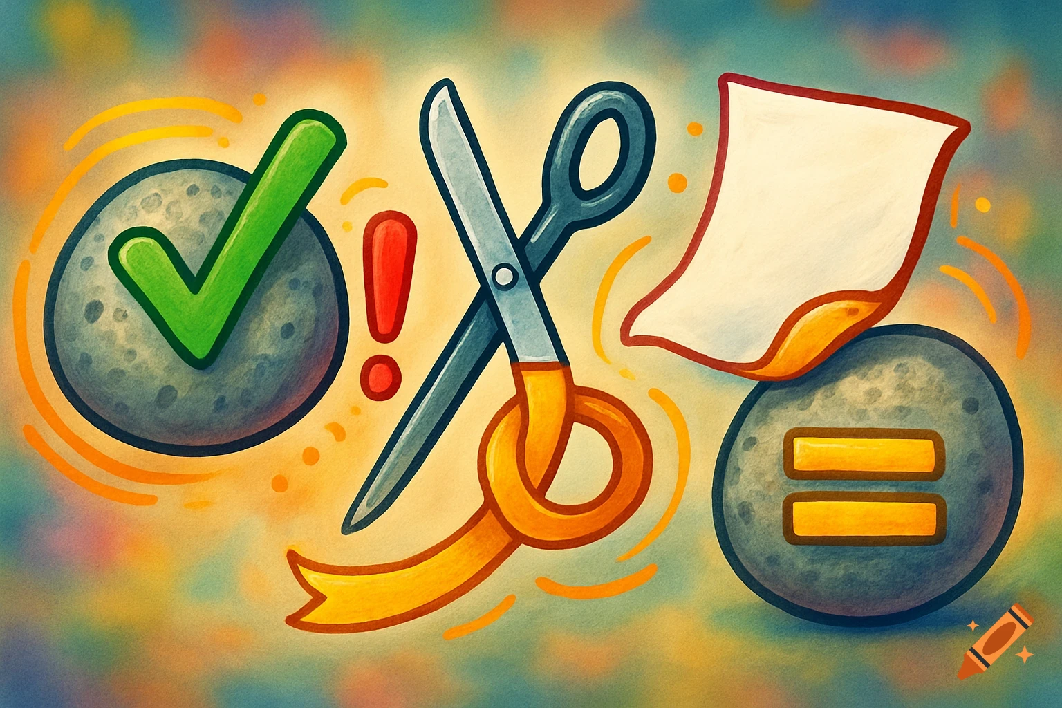 A stylized illustration showing a green checkmark on a gray stone, a red exclamation mark, silver scissors cutting a golden ribbon, a blank piece of paper, and a gray stone with an equals sign. The background is a colorful, textured gradient.