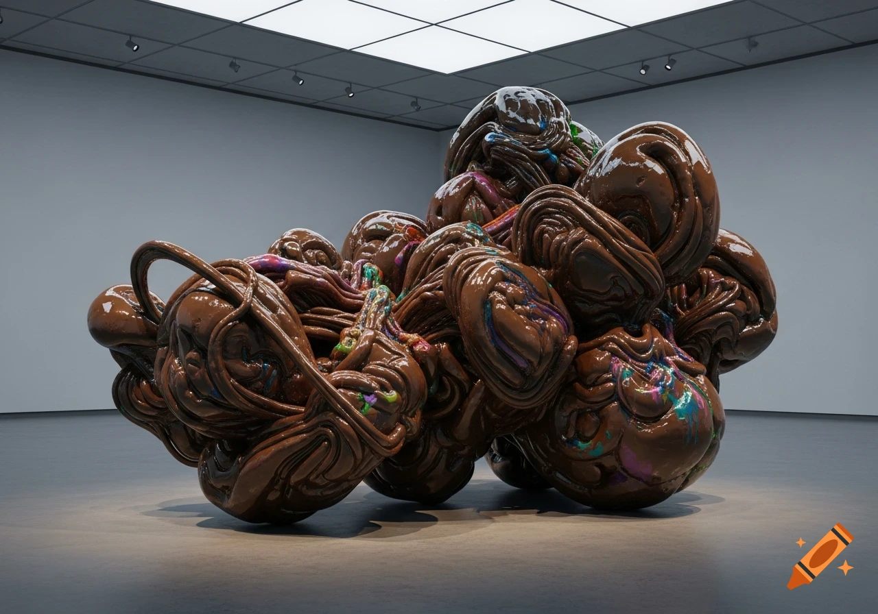 A large, dark brown, amorphous sculpture with colorful, oily streaks sits in a modern art gallery.