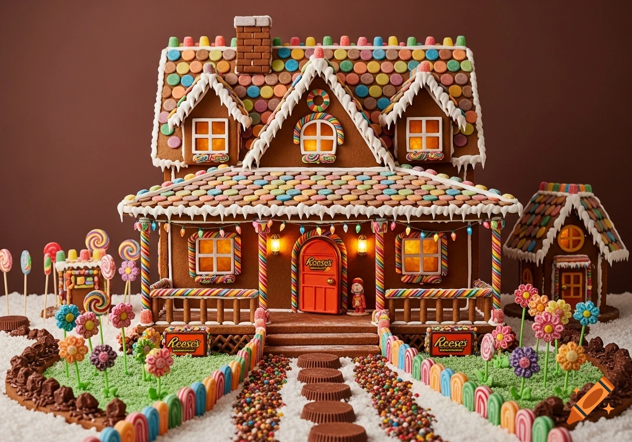 A colorful gingerbread house decorated with gumdrop shingles, twizzler lights, Reese's cup stepping stones, and a vibrant candy flower garden.