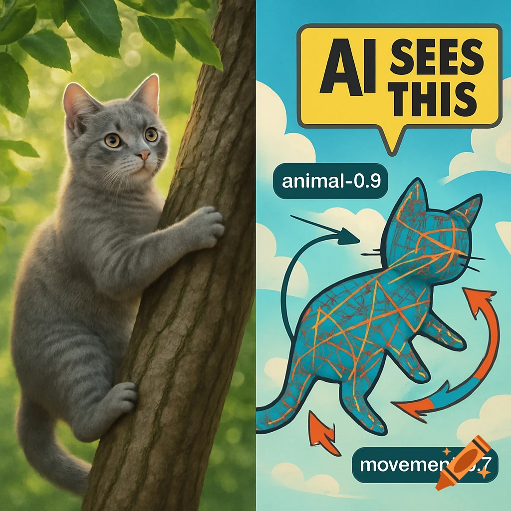 Split image: a realistic gray cat climbs a tree, beside a cartoon cat diagram with 'AI SEES THIS' and data labels.