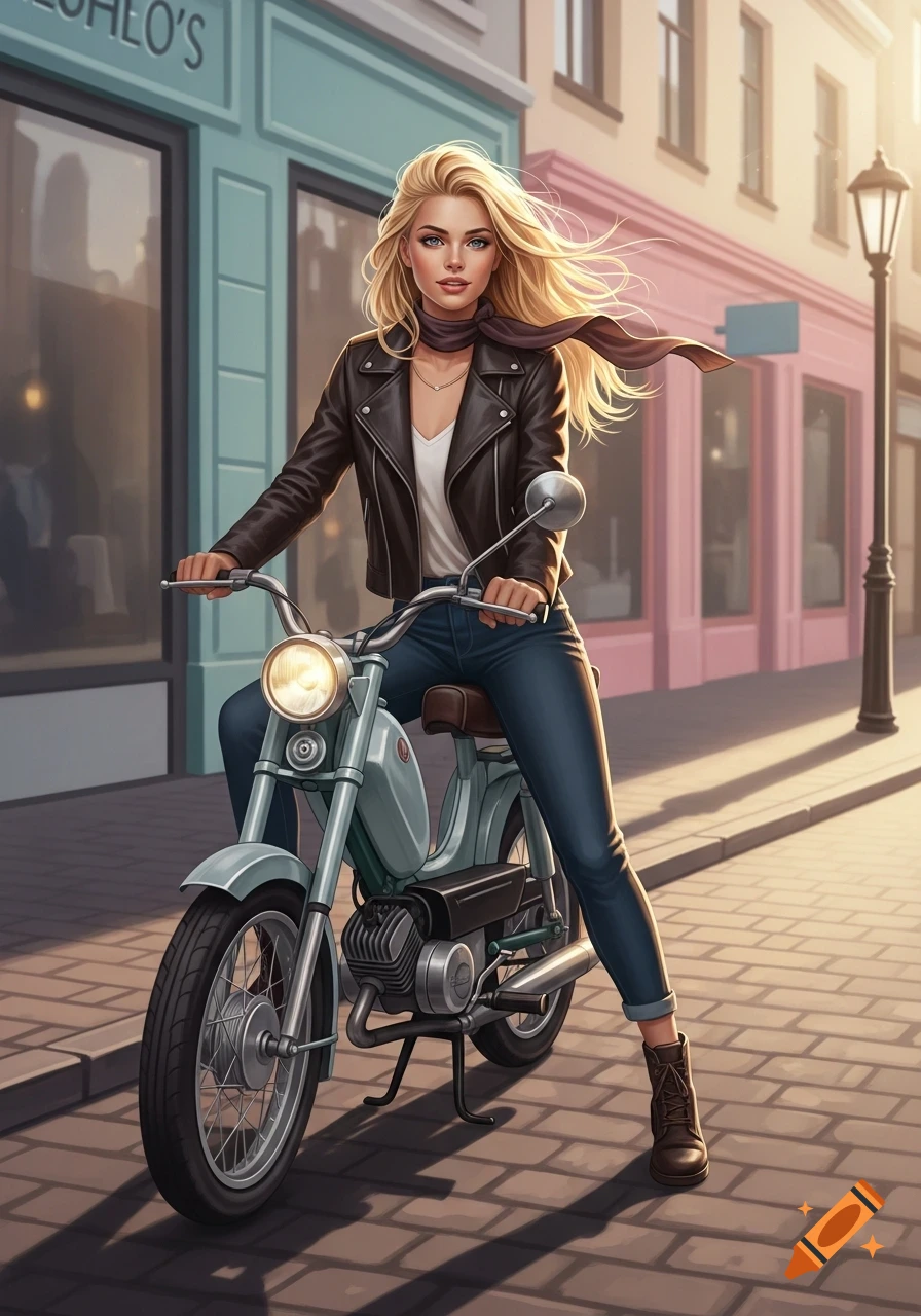 A blonde woman in a leather jacket sits on a light blue moped on a city street, digital art.