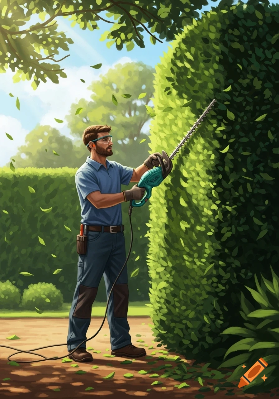 A man in safety glasses and work gloves trims a tall green hedge with an electric hedge trimmer, with leaves falling around him on a sunny day, digital art.