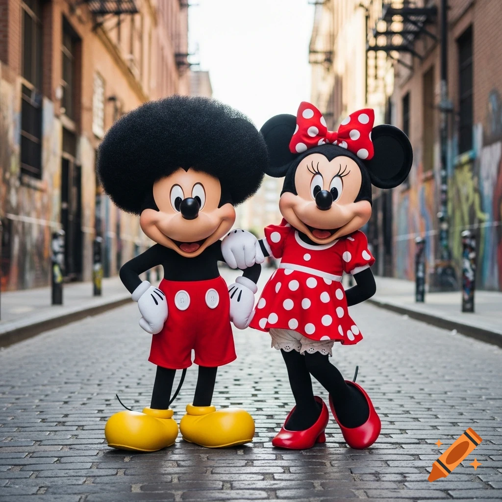 Mickey Mouse and Minnie Mouse characters with large afros, wearing their classic red outfits, standing on a cobblestone street in an urban alley.