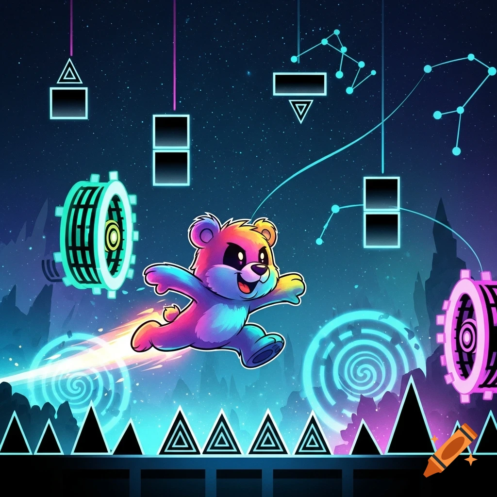 A vibrant rainbow-colored cartoon bear runs through a neon geometric landscape resembling a video game, under a starry sky.