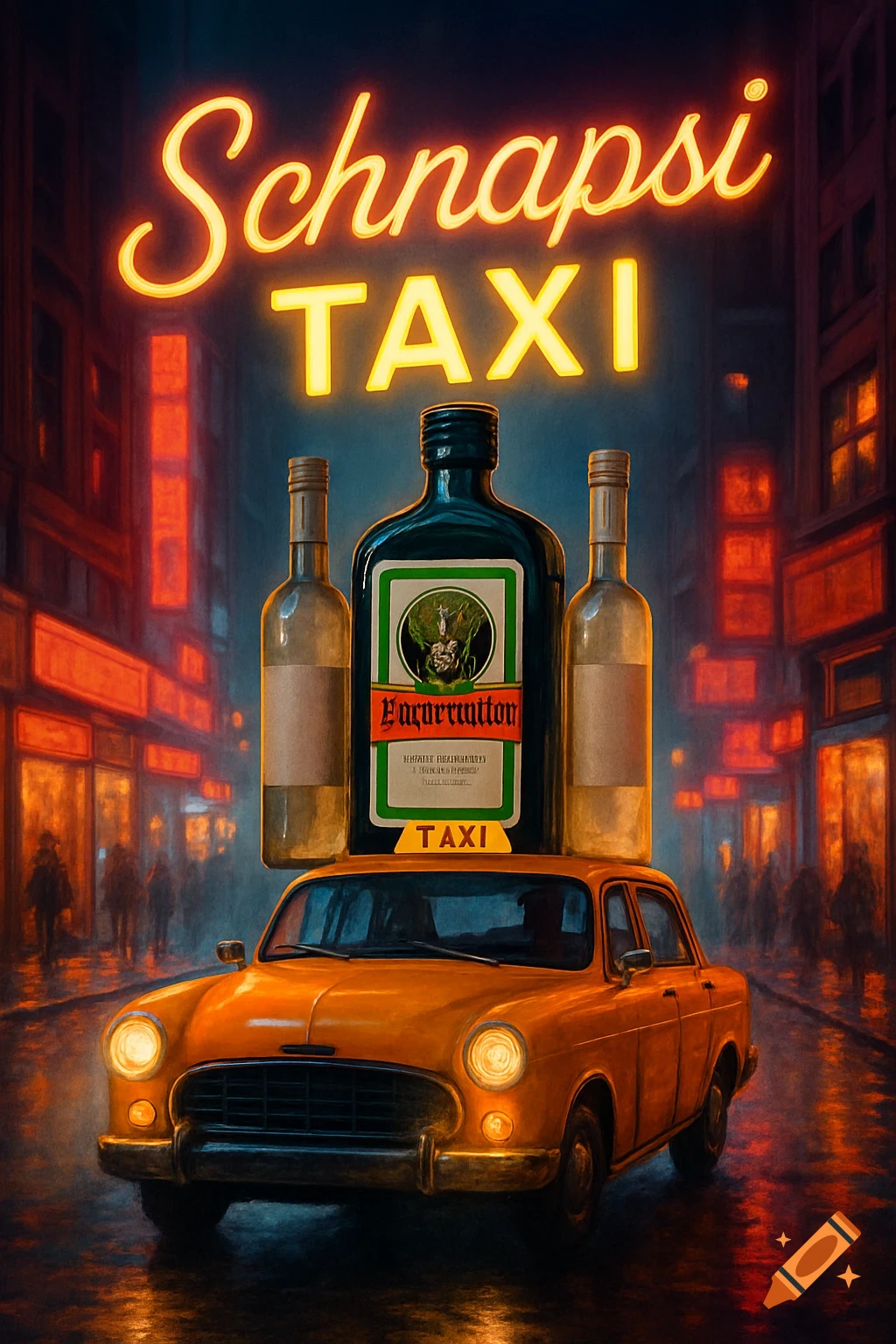An orange taxi with three liquor bottles on its roof, parked on a wet street at night. A neon sign above reads "Schnapsi TAXI".