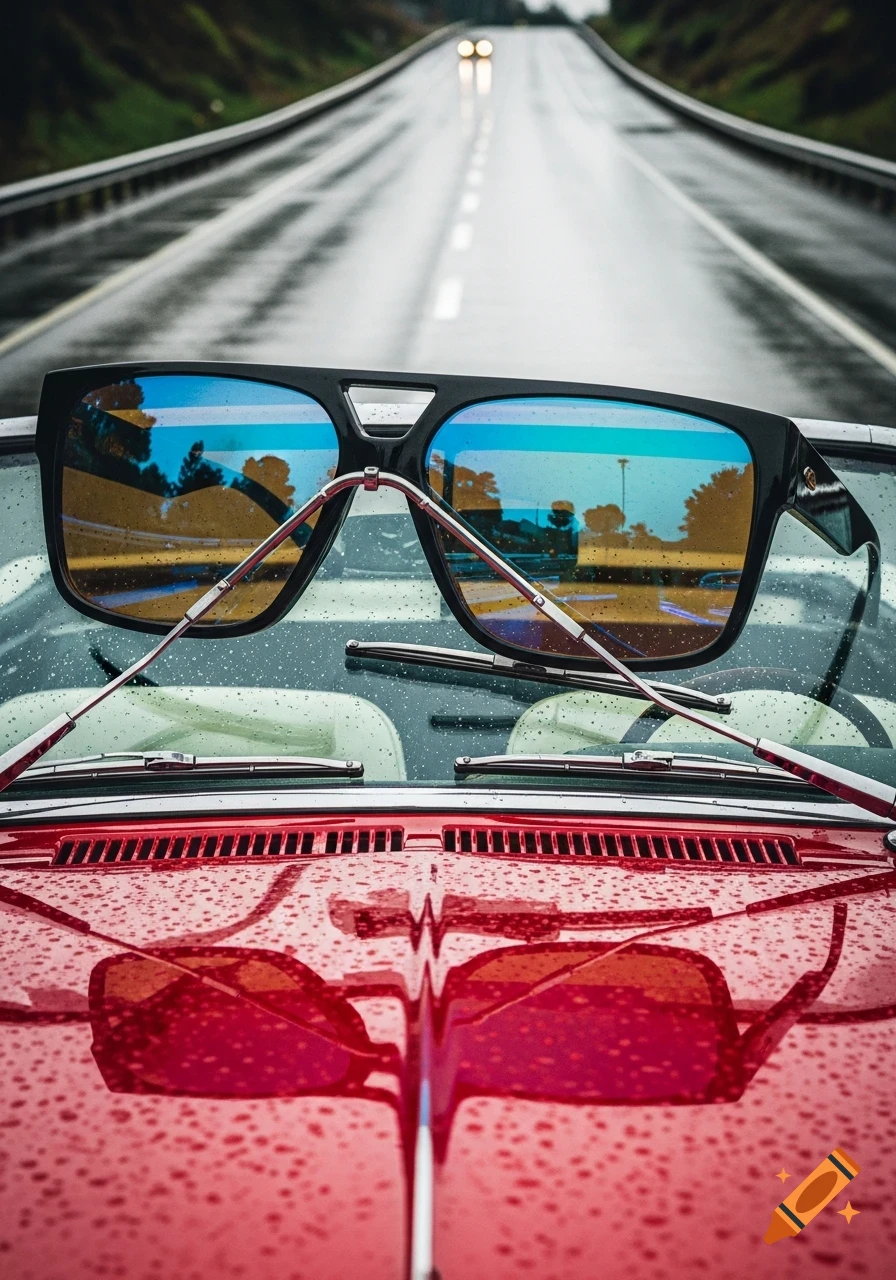 A pair of black sunglasses with blue reflective lenses rests on the wet windshield of a red car, with a rainy road in the background.