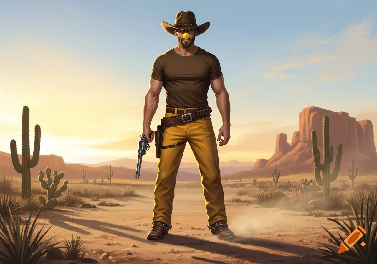 A man in a cowboy hat and yellow clown nose stands in a desert holding a revolver, with cacti and mountains in the background.