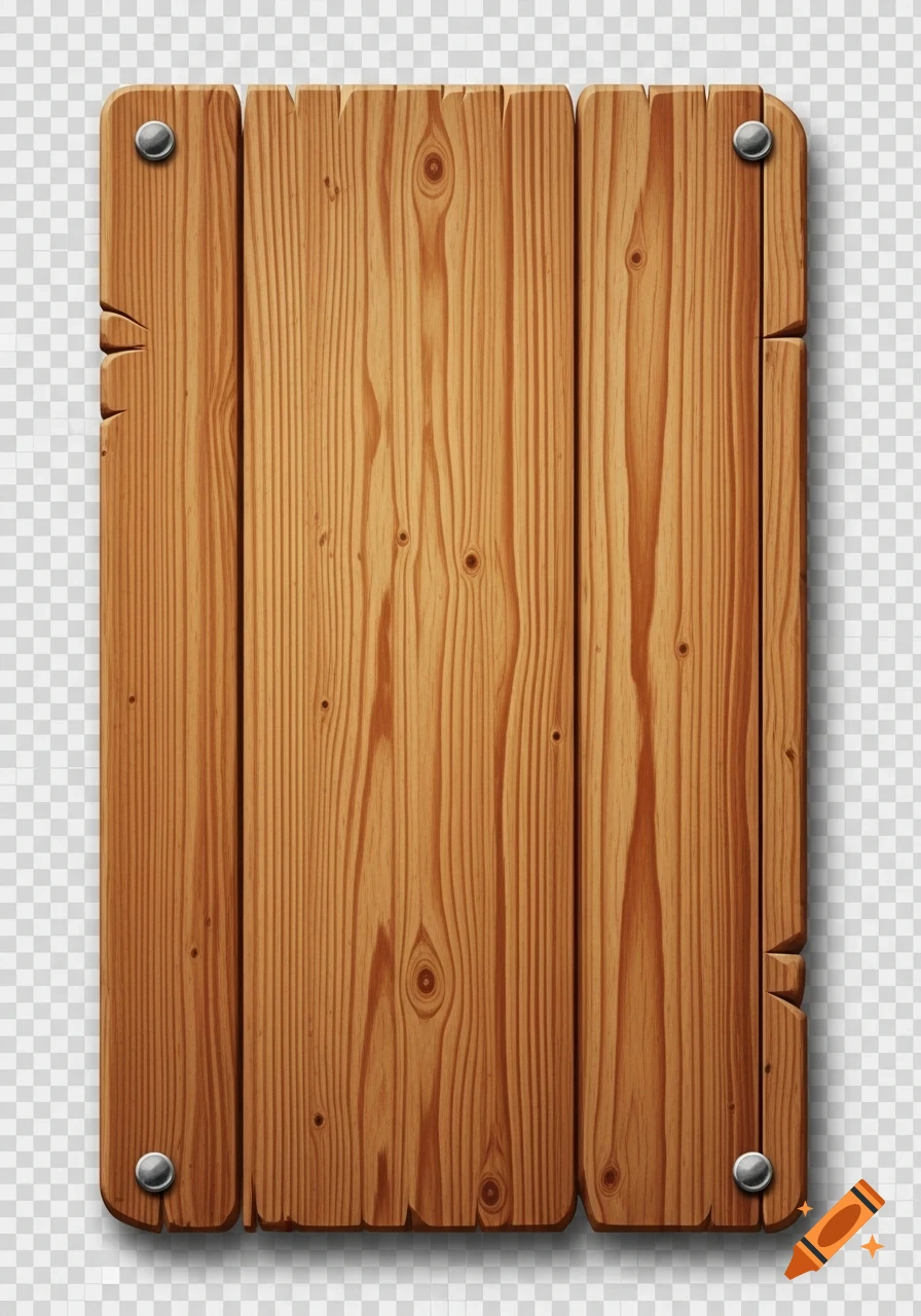 Three vertical medium brown wooden planks, forming a rectangular sign, fastened with metal nails in each corner, on a transparent background.