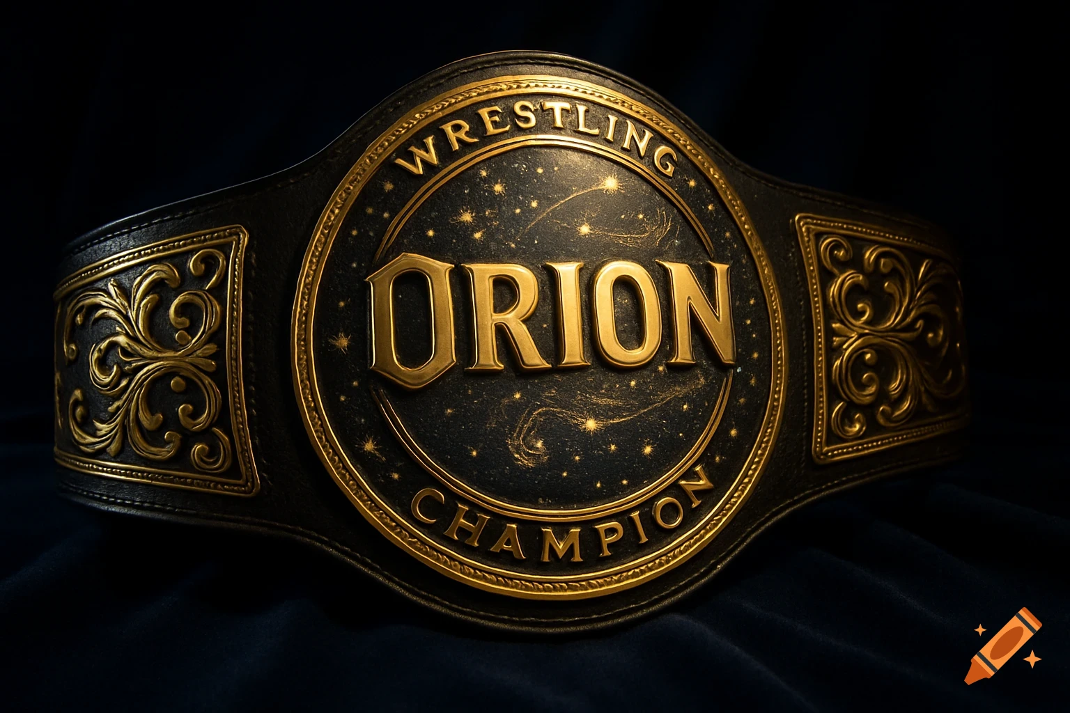 A close-up, highly detailed shot of a golden and black wrestling championship belt with the name ORION.