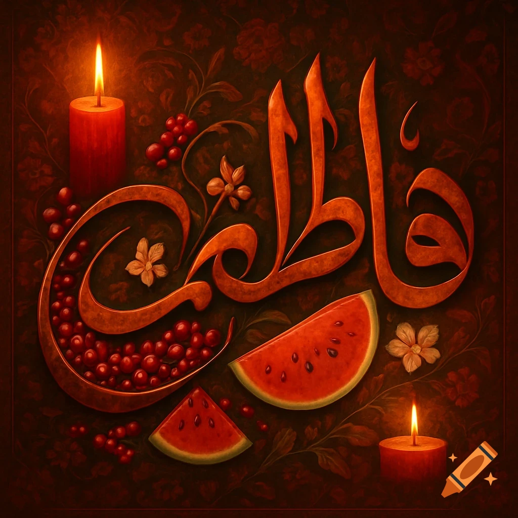 Elegant Persian calligraphy of 'Fatemeh' with pomegranates, watermelon, candles, and flowers on a patterned background, in a Yalda Night theme.