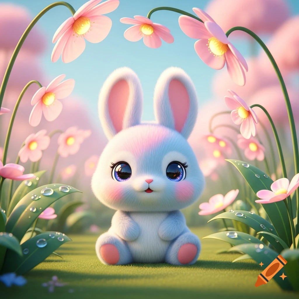 A fluffy, cute 3D bunny with large blue eyes sits among pink flowers and dewy green leaves.