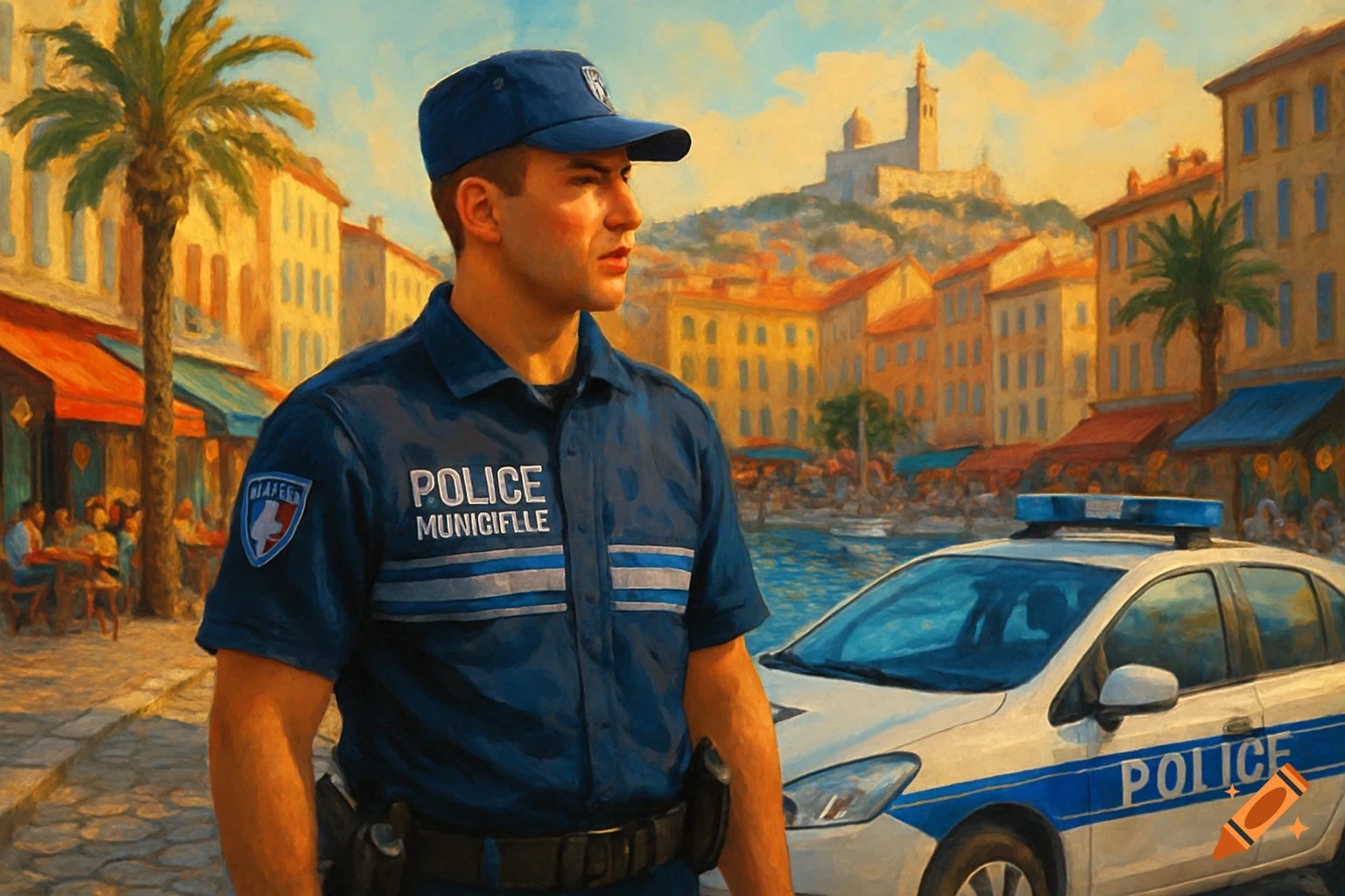 Painting of a police officer in blue uniform and police car on a sunny street in a French city with buildings and a distant castle.