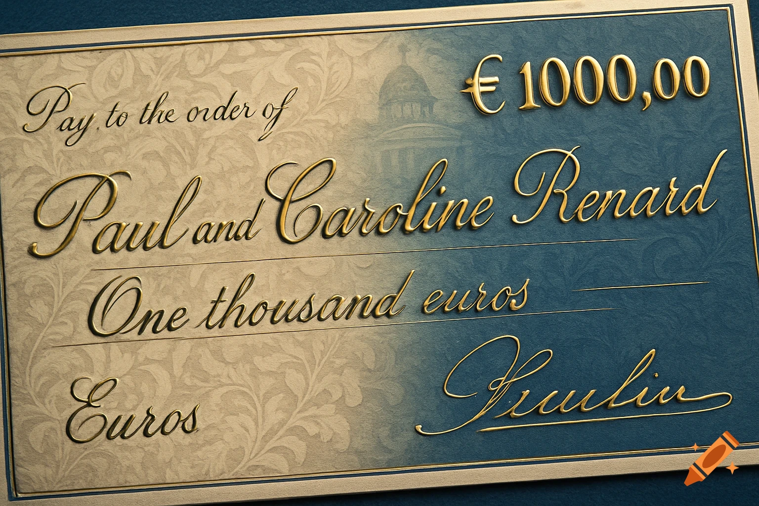 A close-up of a formal check for 1000 euros, made out to Paul and Caroline Renard, featuring elegant golden embossed script on a two-toned background.