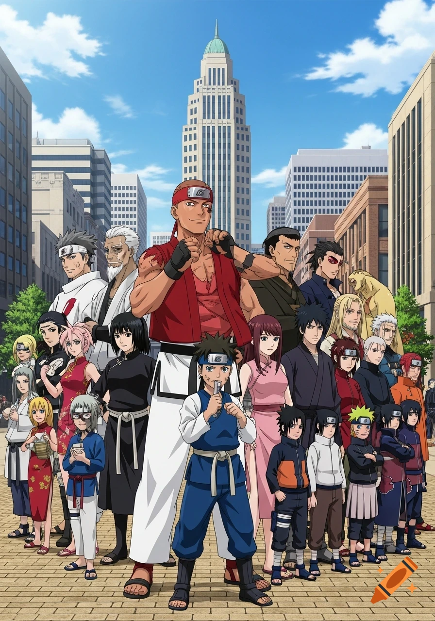 A large group of diverse anime characters, including some resembling Naruto characters, stand together on an urban street with buildings.